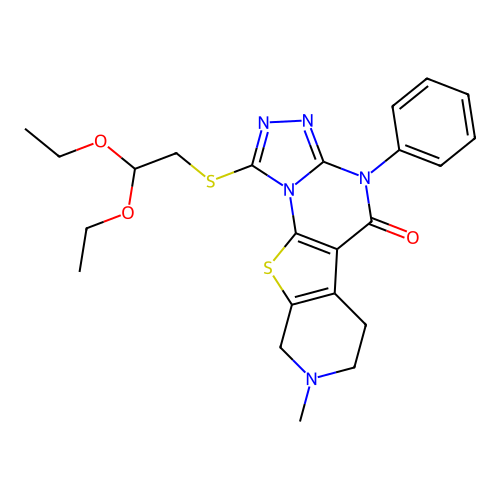 1-((2,2-diethoxyethyl)thio)-8-methyl-4-phenyl-6,7,8,9-tetrahydropyrido[4',3':4,5]thieno[3,2-e][1,2,4]triazolo[4,3-a]pyrimidin-5(4H)-one structure