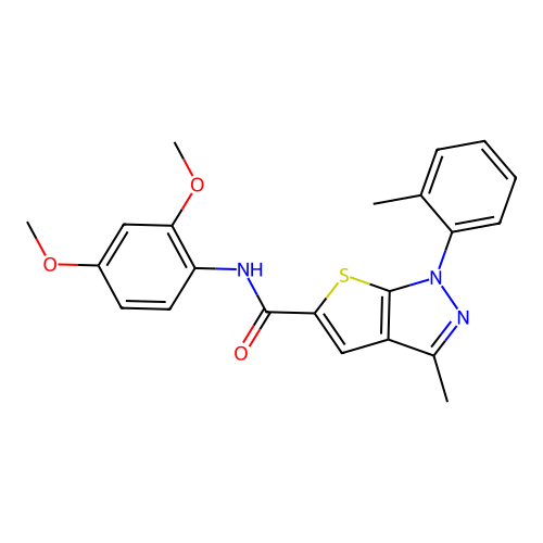 N-(2,4-dimethoxyphenyl)-3-methyl-1-(2-methylphenyl)thieno[2,3-c]pyrazole-5-carboxamide structure