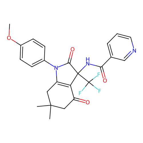 N-[1-(4-methoxyphenyl)-6,6-dimethyl-2,4-dioxo-3-(trifluoromethyl)-2,3,4,5,6,7-hexahydro-1H-indol-3-yl]pyridine-3-carboxamide structure