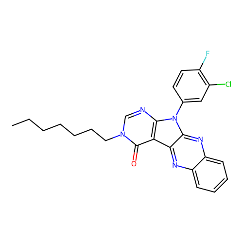 11-(3-chloro-4-fluorophenyl)-3-heptyl-3,11-dihydro-4H-pyrimido[5',4':4,5]pyrrolo[2,3-b]quinoxalin-4-one structure