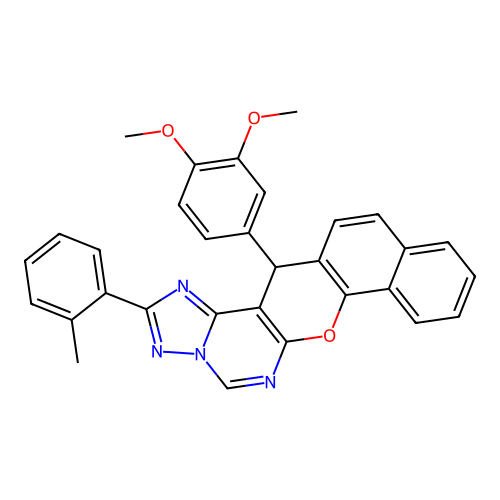 14-(3,4-dimethoxyphenyl)-2-(2-methylphenyl)-14H-benzo[7,8]chromeno[3,2-e][1,2,4]triazolo[1,5-c]pyrimidine structure