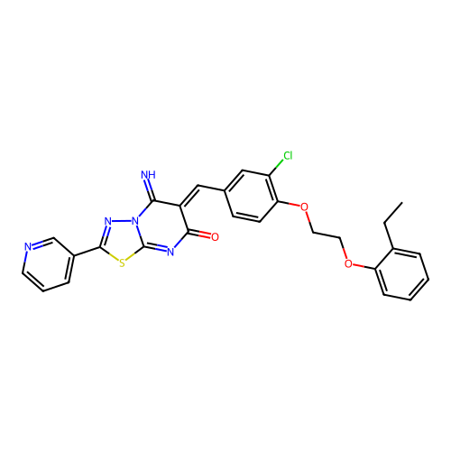(6Z)-6-[[3-chloro-4-[2-(2-ethylphenoxy)ethoxy]phenyl]methylidene]-5-imino-2-pyridin-3-yl-[1,3,4]thiadiazolo[3,2-a]pyrimidin-7-one structure
