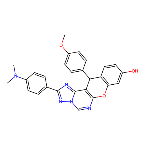2-[4-(dimethylamino)phenyl]-12-(4-methoxyphenyl)-12H-chromeno[3,2-e][1,2,4]triazolo[1,5-c]pyrimidin-9-ol structure