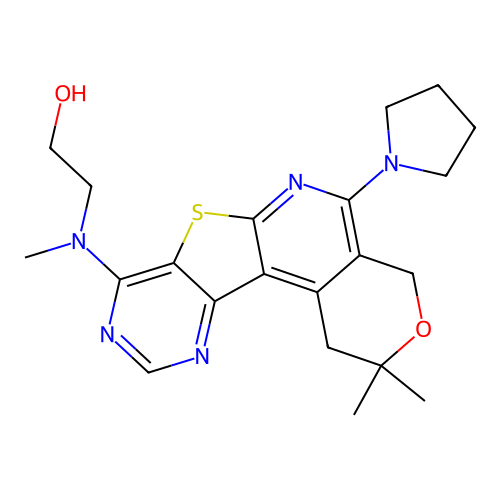 2-((2,2-dimethyl-5-(pyrrolidin-1-yl)-2,4-dihydro-1H-pyrano[4'',3'':4',5']pyrido[3',2':4,5]thieno[3,2-d]pyrimidin-8-yl)(methyl)amino)ethanol structure
