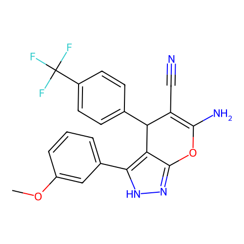 6-amino-3-(3-methoxyphenyl)-4-[4-(trifluoromethyl)phenyl]-2,4-dihydropyrano[2,3-c]pyrazole-5-carbonitrile structure
