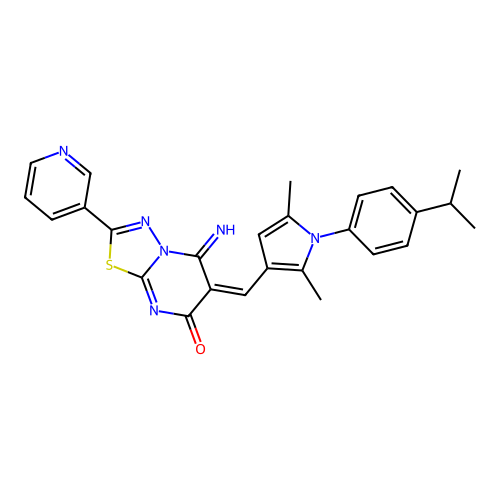 (E)-5-imino-6-((1-(4-isopropylphenyl)-2,5-dimethyl-1H-pyrrol-3-yl)methylene)-2-(pyridin-3-yl)-5H-[1,3,4]thiadiazolo[3,2-a]pyrimidin-7(6H)-one structure