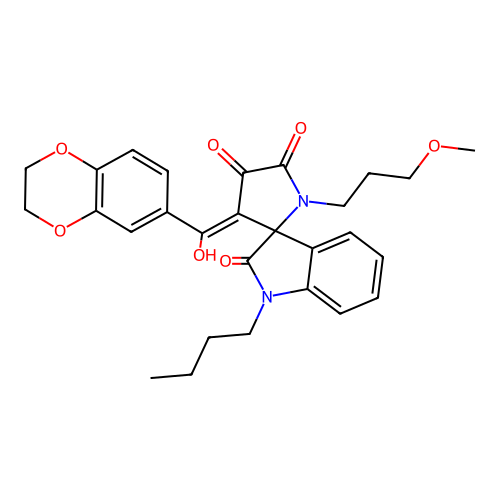 (3'E)-1-butyl-3'-[2,3-dihydro-1,4-benzodioxin-6-yl(hydroxy)methylidene]-1'-(3-methoxypropyl)spiro[indole-3,2'-pyrrolidine]-2,4',5'(1H)-trione structure