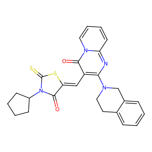 3-[(Z)-(3-cyclopentyl-4-oxo-2-thioxo-1,3-thiazolidin-5-ylidene)methyl]-2-(3,4-dihydroisoquinolin-2(1H)-yl)-4H-pyrido[1,2-a]pyrimidin-4-one structure