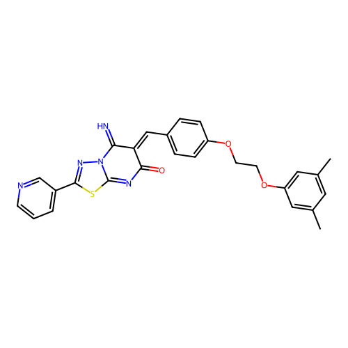 (6Z)-6-[[4-[2-(3,5-dimethylphenoxy)ethoxy]phenyl]methylidene]-5-imino-2-pyridin-3-yl-[1,3,4]thiadiazolo[3,2-a]pyrimidin-7-one structure