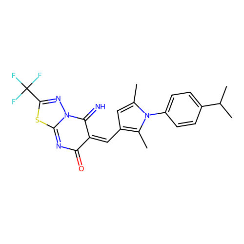 (E)-5-imino-6-((1-(4-isopropylphenyl)-2,5-dimethyl-1H-pyrrol-3-yl)methylene)-2-(trifluoromethyl)-5H-[1,3,4]thiadiazolo[3,2-a]pyrimidin-7(6H)-one structure