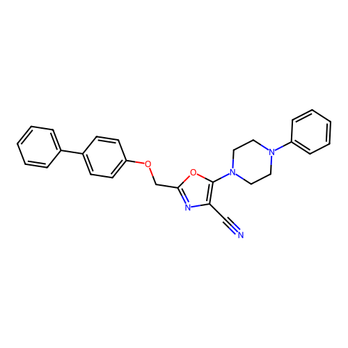 2-[(4-phenylphenoxy)methyl]-5-(4-phenylpiperazin-1-yl)-1,3-oxazole-4-carbonitrile structure