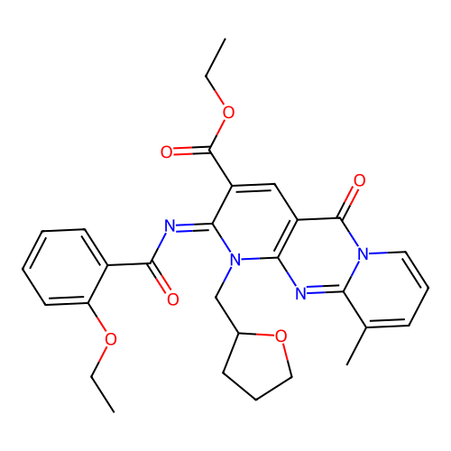 (Z)-ethyl 2-((2-ethoxybenzoyl)imino)-10-methyl-5-oxo-1-((tetrahydrofuran-2-yl)methyl)-2,5-dihydro-1H-dipyrido[1,2-a:2',3'-d]pyrimidine-3-carboxylate structure