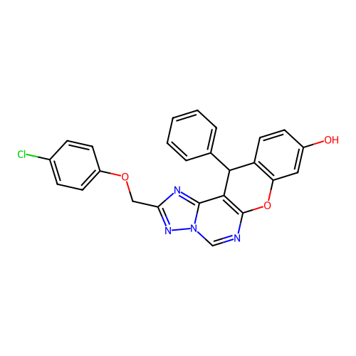 2-[(4-chlorophenoxy)methyl]-12-phenyl-12H-chromeno[3,2-e][1,2,4]triazolo[1,5-c]pyrimidin-9-ol structure