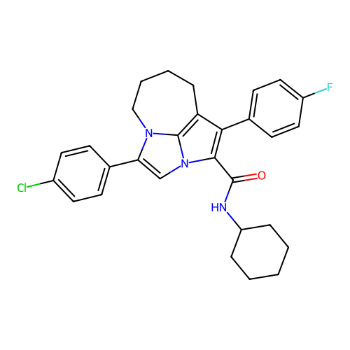 4-(4-chlorophenyl)-N-cyclohexyl-1-(4-fluorophenyl)-5,6,7,8-tetrahydro-2a,4a-diazacyclopenta[cd]azulene-2-carboxamide structure