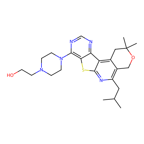 2-(4-(5-isobutyl-2,2-dimethyl-2,4-dihydro-1H-pyrano[4'',3'':4',5']pyrido[3',2':4,5]thieno[3,2-d]pyrimidin-8-yl)piperazin-1-yl)ethanol structure