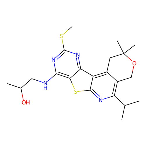 1-((5-isopropyl-2,2-dimethyl-10-(methylthio)-2,4-dihydro-1H-pyrano[4'',3'':4',5']pyrido[3',2':4,5]thieno[3,2-d]pyrimidin-8-yl)amino)propan-2-ol structure