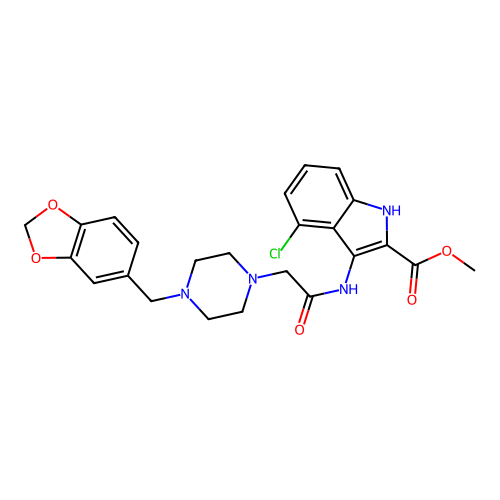 methyl 3-({[4-(1,3-benzodioxol-5-ylmethyl)piperazin-1-yl]acetyl}amino)-4-chloro-1H-indole-2-carboxylate structure