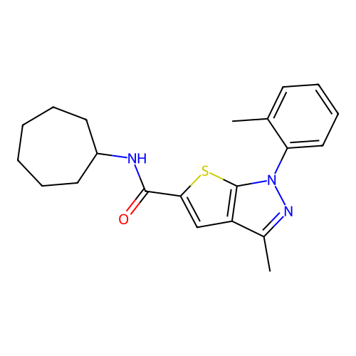 N-cycloheptyl-3-methyl-1-(2-methylphenyl)-1H-thieno[2,3-c]pyrazole-5-carboxamide structure