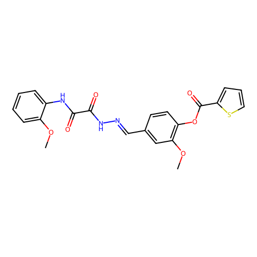(E)-2-methoxy-4-((2-(2-((2-methoxyphenyl)amino)-2-oxoacetyl)hydrazono)methyl)phenyl thiophene-2-carboxylate structure
