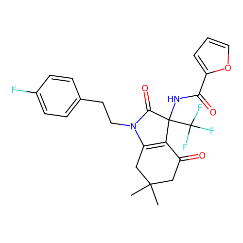 N-(1-(4-fluorophenethyl)-6,6-dimethyl-2,4-dioxo-3-(trifluoromethyl)-2,3,4,5,6,7-hexahydro-1H-indol-3-yl)furan-2-carboxamide structure