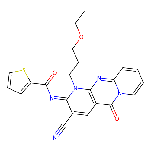 (E)-N-(3-cyano-1-(3-ethoxypropyl)-5-oxo-1H-dipyrido[1,2-a:2',3'-d]pyrimidin-2(5H)-ylidene)thiophene-2-carboxamide structure