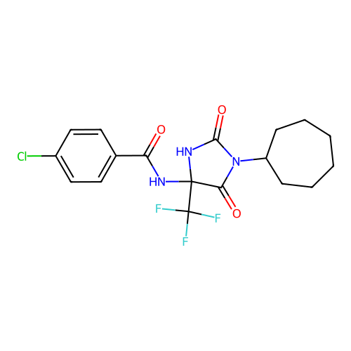 4-chloro-N-(1-cycloheptyl-2,5-dioxo-4-(trifluoromethyl)imidazolidin-4-yl)benzamide structure