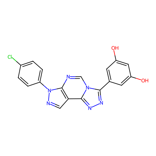 5-[7-(4-chlorophenyl)-7H-pyrazolo[4,3-e][1,2,4]triazolo[4,3-c]pyrimidin-3-yl]benzene-1,3-diol structure