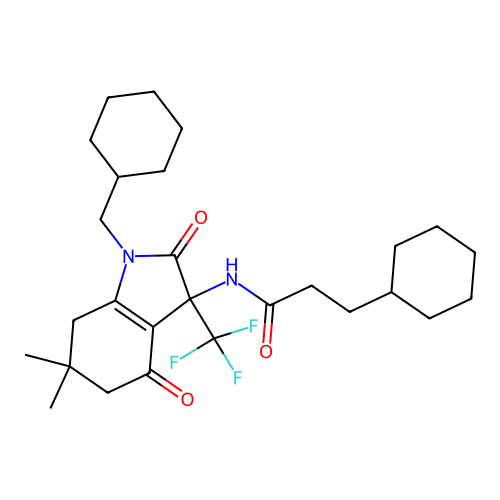 3-cyclohexyl-N-(1-(cyclohexylmethyl)-6,6-dimethyl-2,4-dioxo-3-(trifluoromethyl)-2,3,4,5,6,7-hexahydro-1H-indol-3-yl)propanamide structure