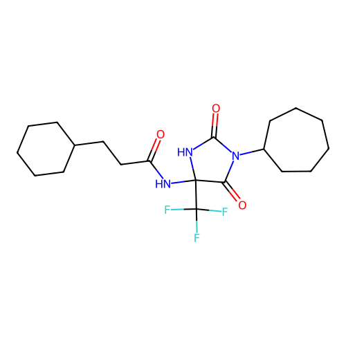 N-(1-cycloheptyl-2,5-dioxo-4-(trifluoromethyl)imidazolidin-4-yl)-3-cyclohexylpropanamide structure