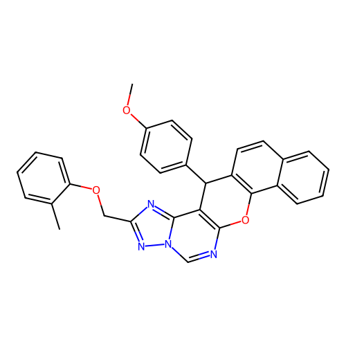 14-(4-methoxyphenyl)-2-[(2-methylphenoxy)methyl]-14H-benzo[7,8]chromeno[3,2-e][1,2,4]triazolo[1,5-c]pyrimidine structure