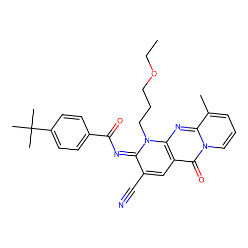 (E)-4-(tert-butyl)-N-(3-cyano-1-(3-ethoxypropyl)-10-methyl-5-oxo-1H-dipyrido[1,2-a:2',3'-d]pyrimidin-2(5H)-ylidene)benzamide structure
