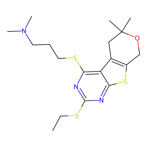 3-((2-(ethylthio)-6,6-dimethyl-6,8-dihydro-5H-pyrano[4',3':4,5]thieno[2,3-d]pyrimidin-4-yl)thio)-N,N-dimethylpropan-1-amine structure