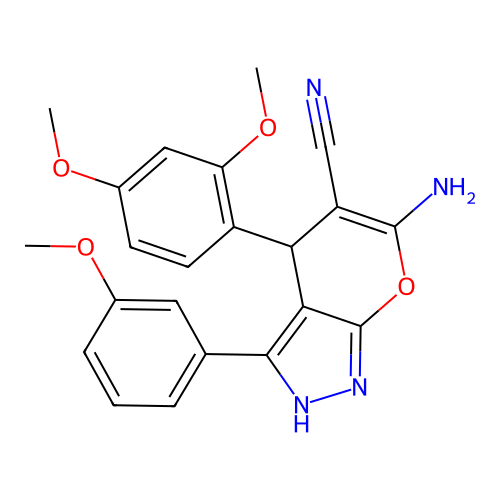 6-amino-4-(2,4-dimethoxyphenyl)-3-(3-methoxyphenyl)-2,4-dihydropyrano[2,3-c]pyrazole-5-carbonitrile structure