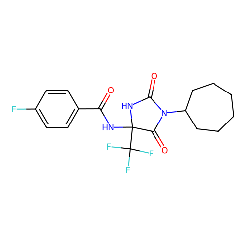 N-(1-cycloheptyl-2,5-dioxo-4-(trifluoromethyl)imidazolidin-4-yl)-4-fluorobenzamide structure