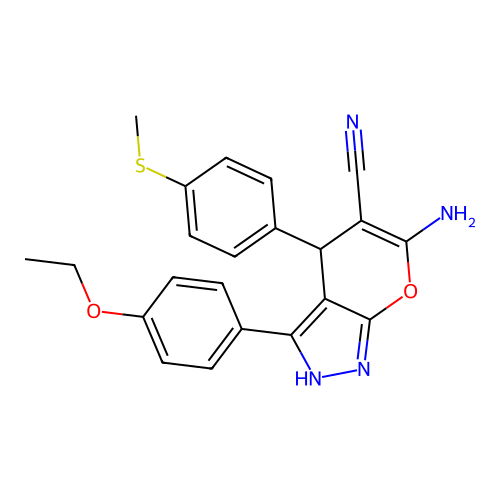 6-amino-3-(4-ethoxyphenyl)-4-(4-(methylthio)phenyl)-1,4-dihydropyrano[2,3-c]pyrazole-5-carbonitrile structure
