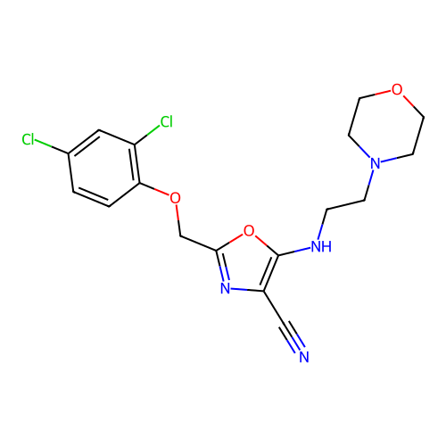 2-[(2,4-dichlorophenoxy)methyl]-5-(2-morpholin-4-ylethylamino)-1,3-oxazole-4-carbonitrile structure