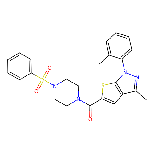 (3-methyl-1-(o-tolyl)-1H-thieno[2,3-c]pyrazol-5-yl)(4-(phenylsulfonyl)piperazin-1-yl)methanone structure