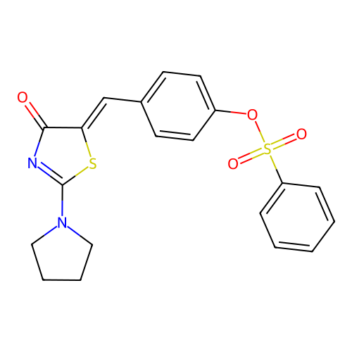 (Z)-4-((4-oxo-2-(pyrrolidin-1-yl)thiazol-5(4H)-ylidene)methyl)phenyl benzenesulfonate structure
