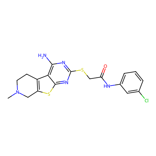 2-((4-amino-7-methyl-5,6,7,8-tetrahydropyrido[4',3':4,5]thieno[2,3-d]pyrimidin-2-yl)thio)-N-(3-chlorophenyl)acetamide structure