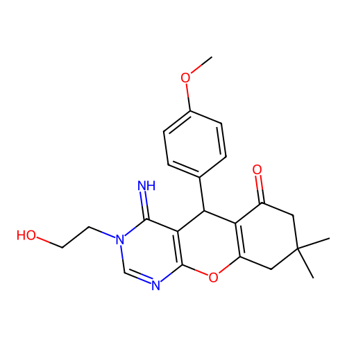 3-(2-hydroxyethyl)-4-imino-5-(4-methoxyphenyl)-8,8-dimethyl-3,4,5,7,8,9-hexahydro-6H-chromeno[2,3-d]pyrimidin-6-one structure
