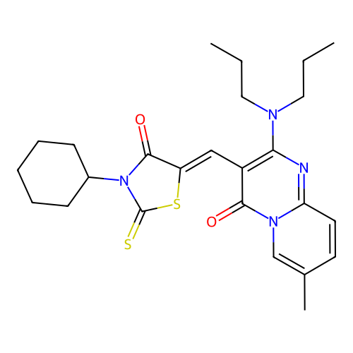 3-[(Z)-(3-cyclohexyl-4-oxo-2-thioxo-1,3-thiazolidin-5-ylidene)methyl]-2-(dipropylamino)-7-methyl-4H-pyrido[1,2-a]pyrimidin-4-one structure