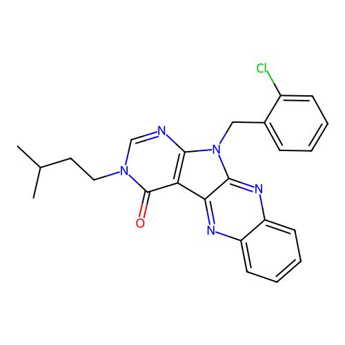 11-(2-chlorobenzyl)-3-(3-methylbutyl)-3,11-dihydro-4H-pyrimido[5',4':4,5]pyrrolo[2,3-b]quinoxalin-4-one structure