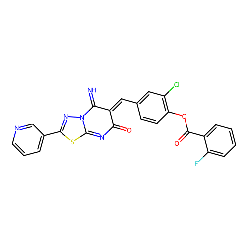 (Z)-2-chloro-4-((5-imino-7-oxo-2-(pyridin-3-yl)-5H-[1,3,4]thiadiazolo[3,2-a]pyrimidin-6(7H)-ylidene)methyl)phenyl 2-fluorobenzoate structure