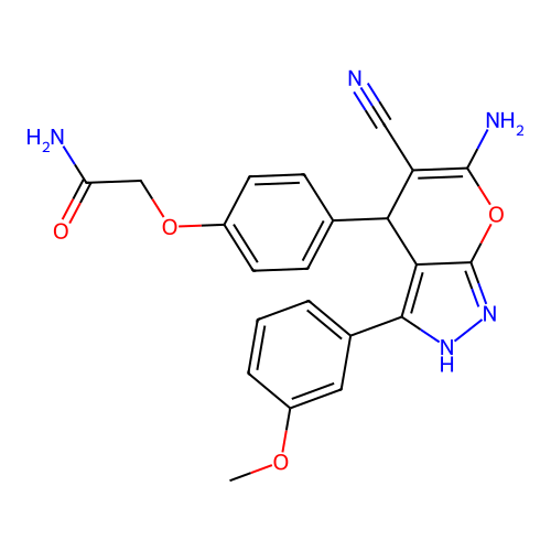 2-(4-(6-amino-5-cyano-3-(3-methoxyphenyl)-1,4-dihydropyrano[2,3-c]pyrazol-4-yl)phenoxy)acetamide structure