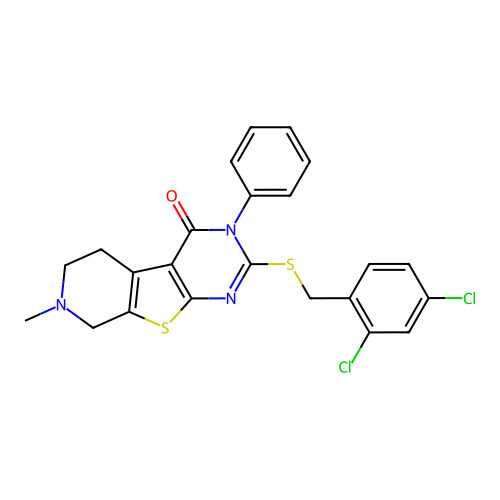 2-[(2,4-dichlorobenzyl)sulfanyl]-7-methyl-3-phenyl-5,6,7,8-tetrahydropyrido[4',3':4,5]thieno[2,3-d]pyrimidin-4(3H)-one structure