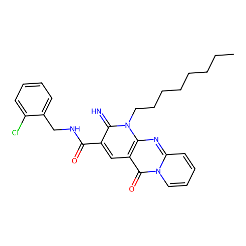 N-[(2-chlorophenyl)methyl](2-imino-1-octyl-5-oxo(1,6-dihydropyridino[1,2-a]pyr idino[2,3-d]pyrimidin-3-yl))carboxamide structure