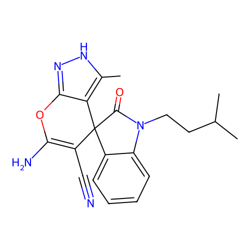 6'-amino-1-isopentyl-3'-methyl-2-oxo-1'H-spiro[indoline-3,4'-pyrano[2,3-c]pyrazole]-5'-carbonitrile structure