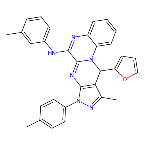 11-(furan-2-yl)-10-methyl-N-(3-methylphenyl)-8-(4-methylphenyl)-8,11-dihydropyrazolo[3',4':4,5]pyrimido[1,2-a]quinoxalin-6-amine structure