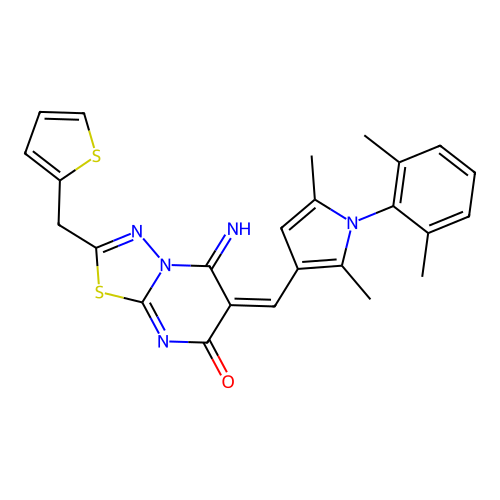 (E)-6-((1-(2,6-dimethylphenyl)-2,5-dimethyl-1H-pyrrol-3-yl)methylene)-5-imino-2-(thiophen-2-ylmethyl)-5H-[1,3,4]thiadiazolo[3,2-a]pyrimidin-7(6H)-one structure