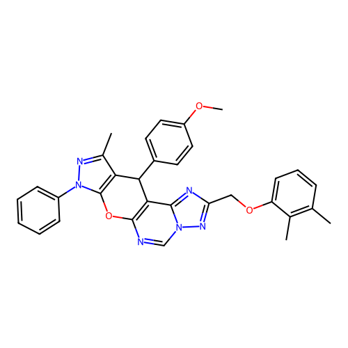 2-[(2,3-dimethylphenoxy)methyl]-11-(4-methoxyphenyl)-10-methyl-8-phenyl-8,11-dihydropyrazolo[4',3':5,6]pyrano[3,2-e][1,2,4]triazolo[1,5-c]pyrimidine structure
